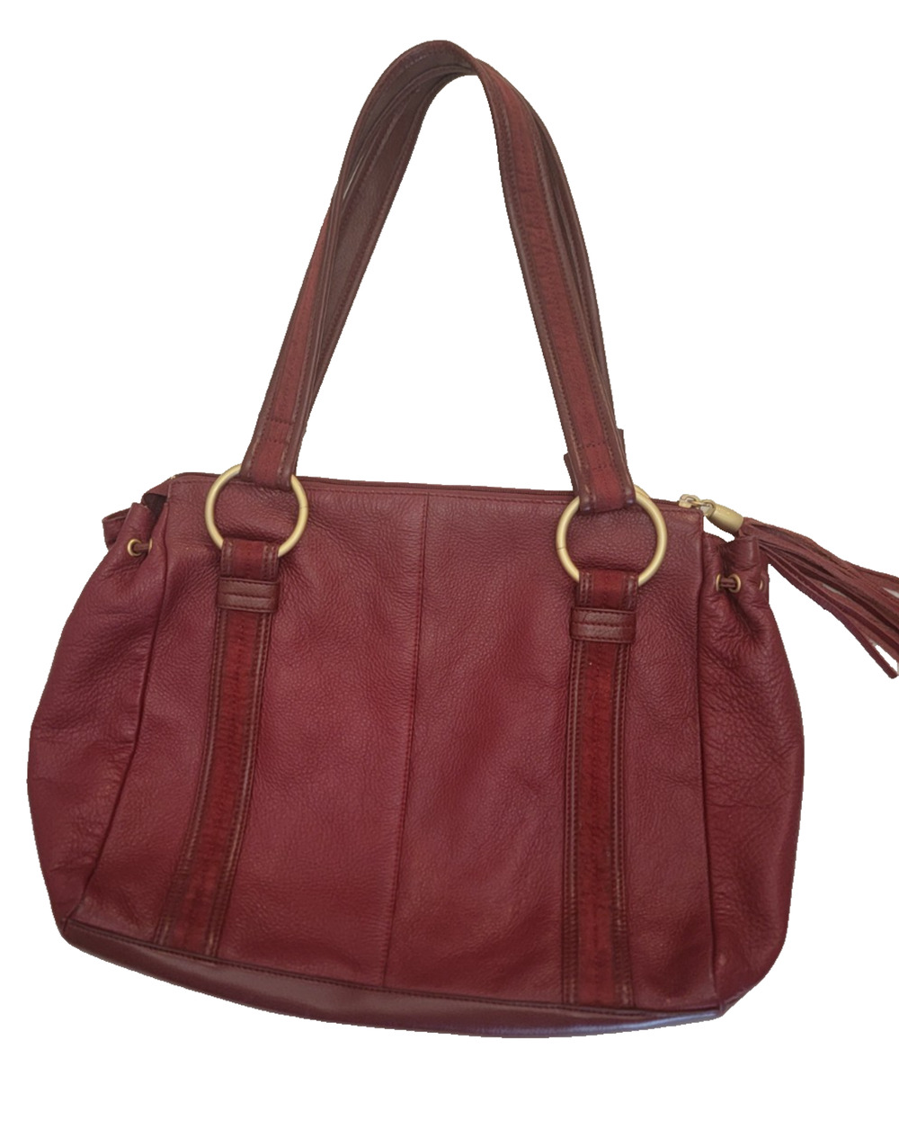 Lina Leather Handbag Red Pebbled Shoulder Bag Tassel Gold Hardware Tote Zipper